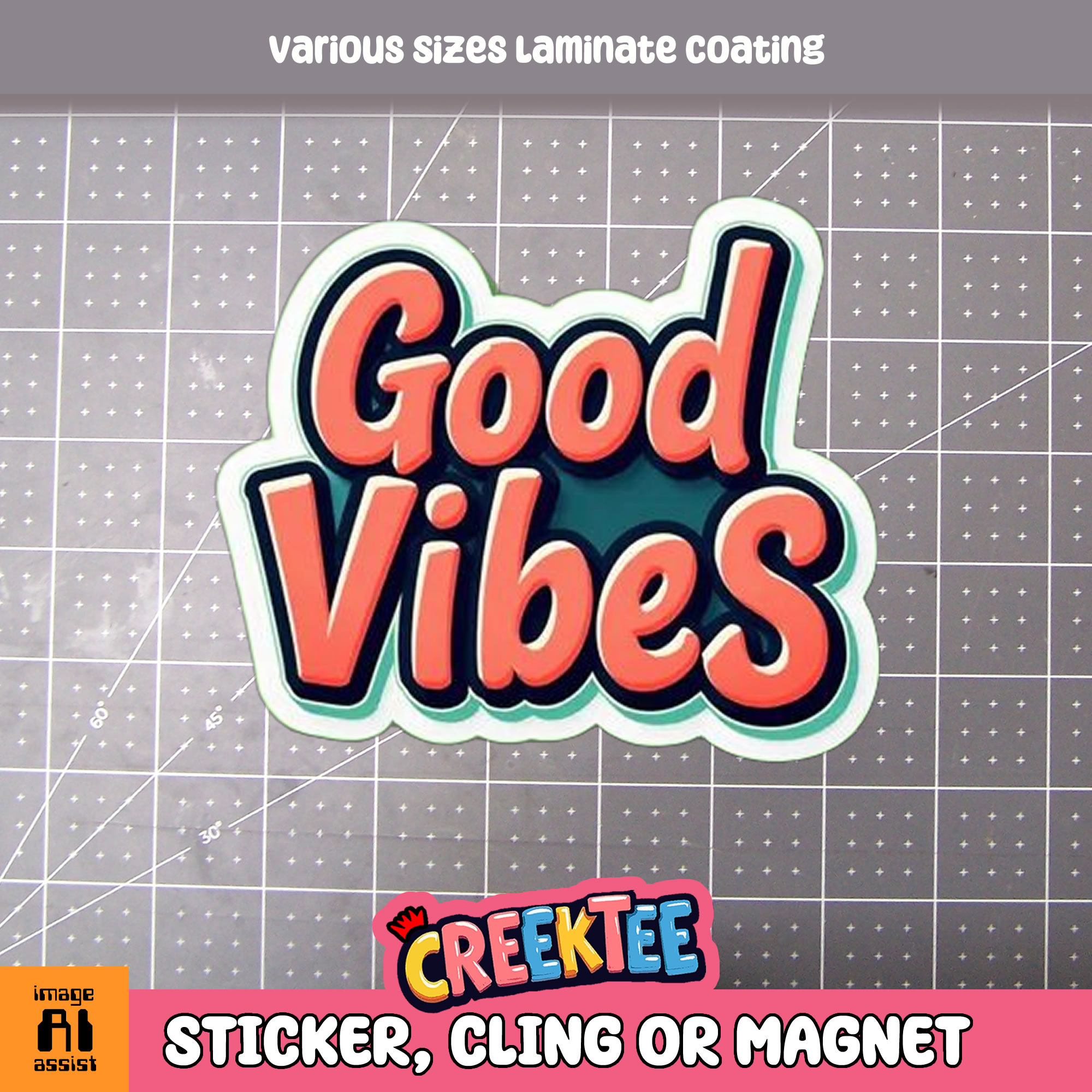 Good Vibes Die Cut Vinyl Sticker  Window Cling or Magnet with Laminate Coating in Various Sizes - Custom Bumper Sticker, Vinyl Sticker, or Magnet