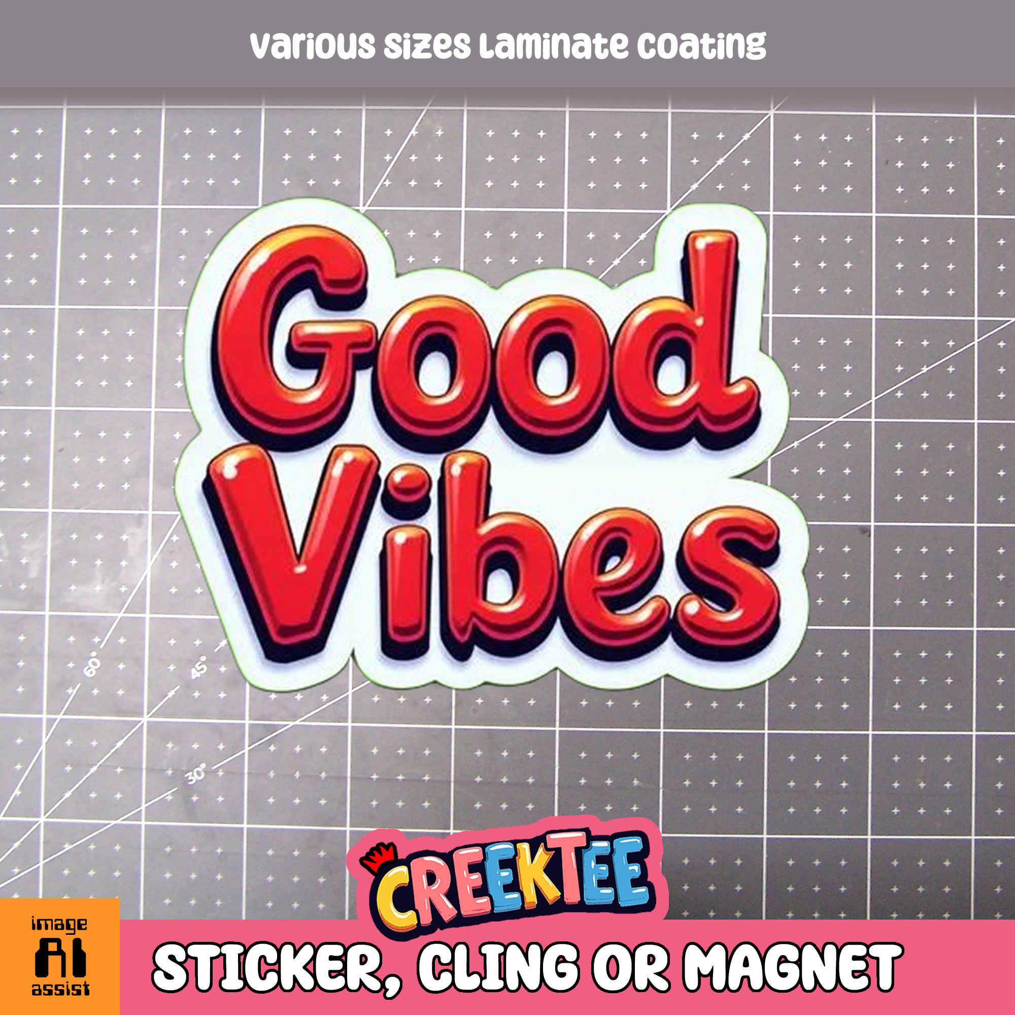 Good Vibes Die Cut Vinyl Sticker  Window Cling or Magnet with Laminate Coating in Various Sizes - Custom Bumper Sticker, Vinyl Sticker, or Magnet