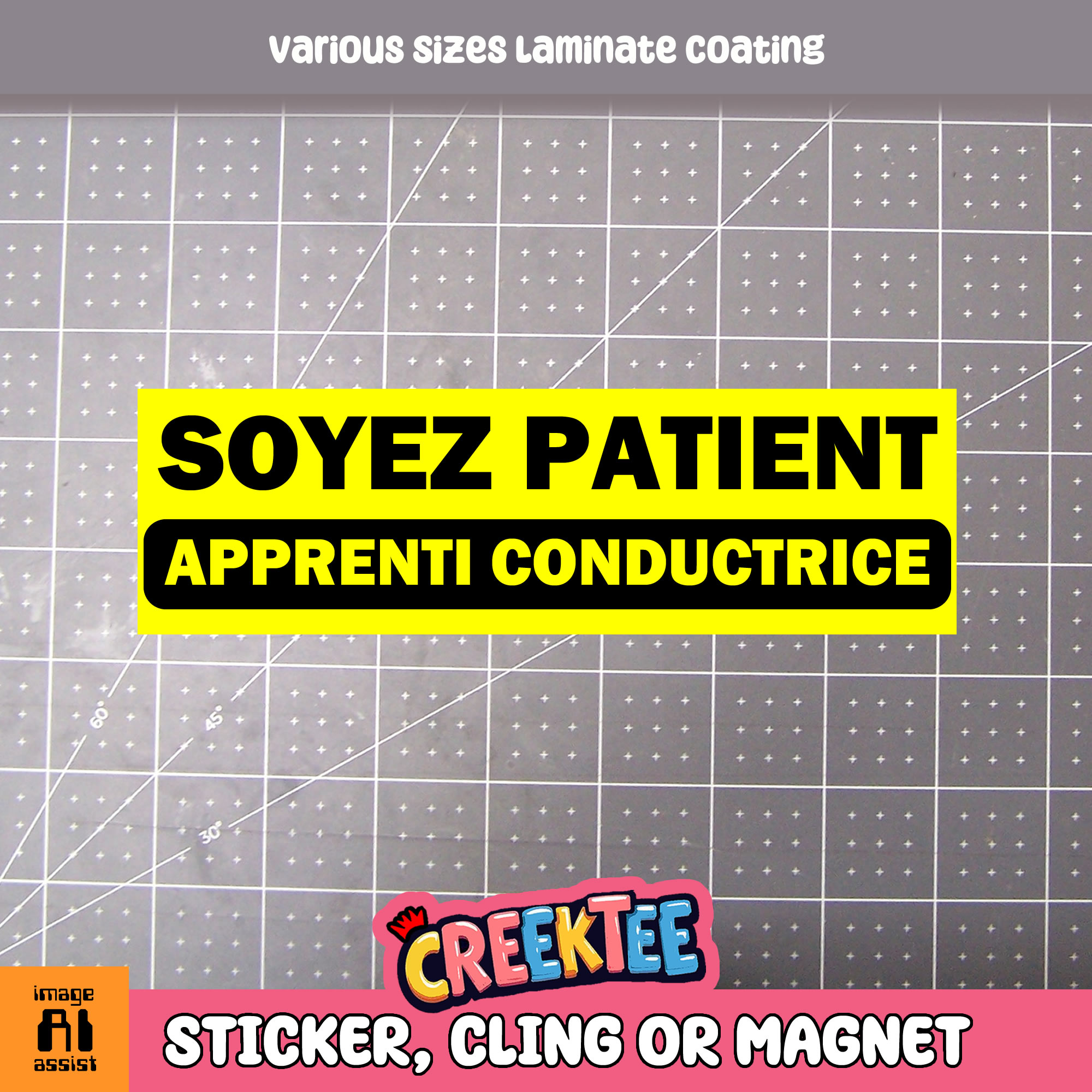 Soyez Patient Apprenti Conductrice Vinyl Bumper Sticker  Window Cling or Magnet in UV Laminate Coating and Various Sizes - Custom Bumper Sticker, Vinyl Sticker, or Magnet
