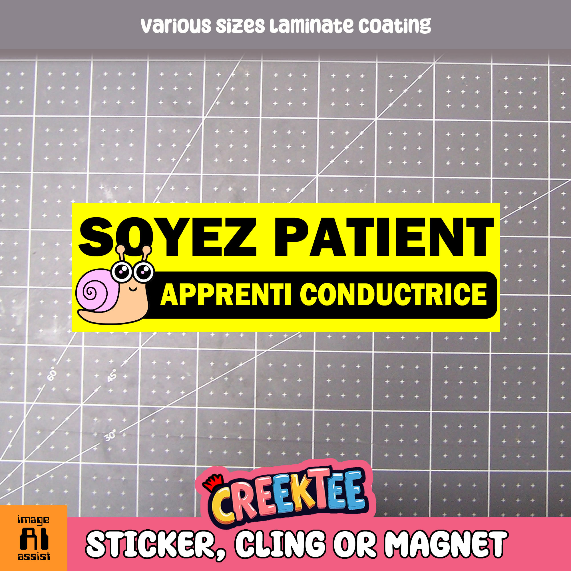Soyez Patient Apprenti Conductrice Vinyl Bumper Sticker  Window Cling or Magnet in UV Laminate Coating and Various Sizes - Custom Bumper Sticker, Vinyl Sticker, or Magnet