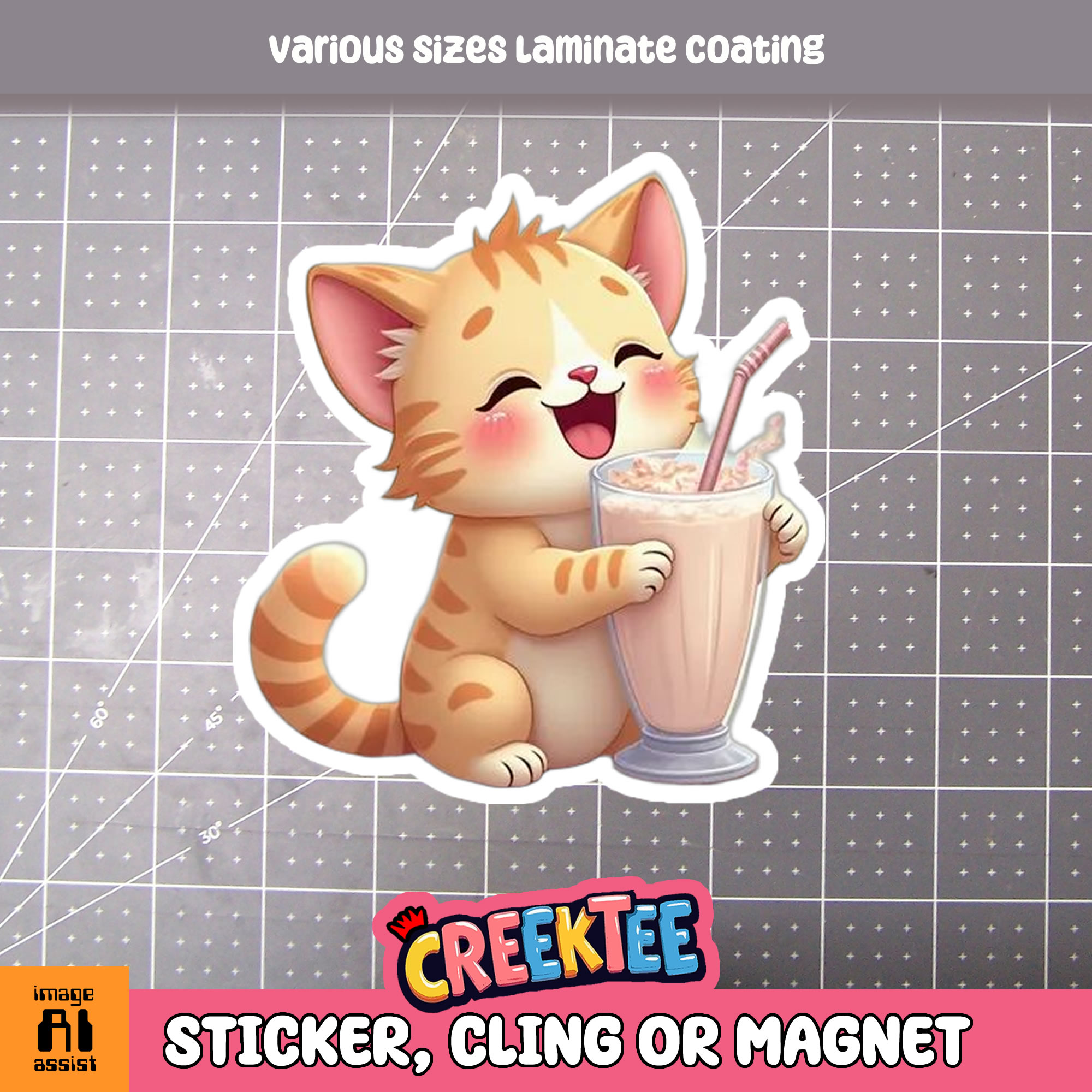 Cat with Milkshake Die Cut Vinyl Sticker  Window Cling or Magnet with Laminate Coating in Various Sizes - Custom Bumper Sticker, Vinyl Sticker, or Magnet
