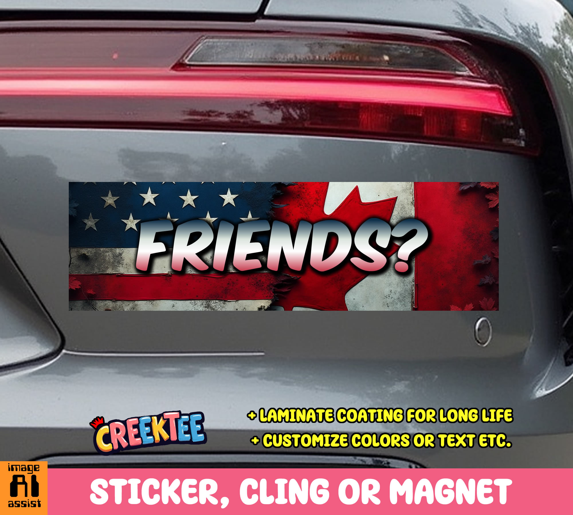 Canada USA Friends  Vinyl Bumper Sticker  Window Cling or Magnet in UV Laminate Coating and Various Sizes - Custom Bumper Sticker, Vinyl Sticker, or Magnet