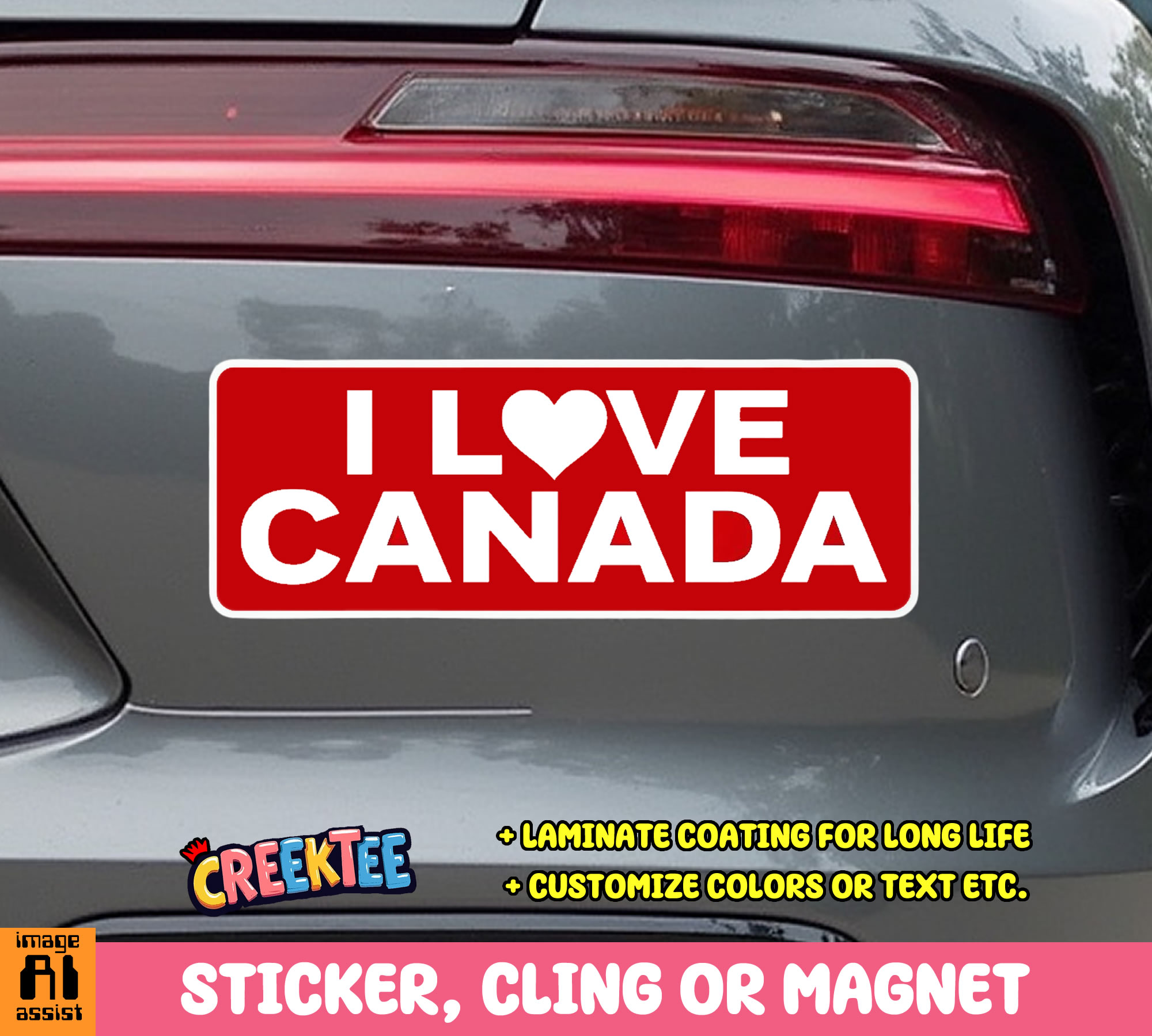 I Love Canada Vinyl Bumper Sticker  Window Cling or Bumper Sticker Magnet in UV Laminate Coating - Custom Bumper Sticker, Vinyl Sticker, or Magnet