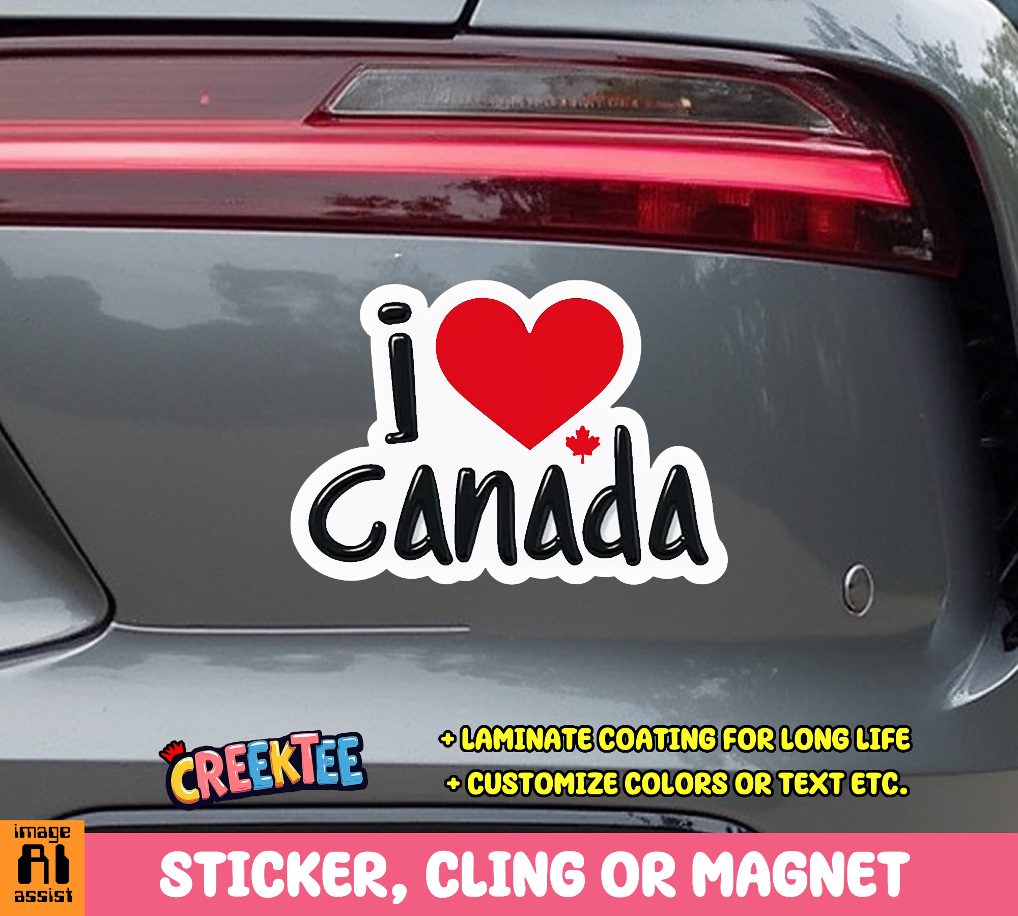 I heart Canada Vinyl Bumper Sticker  Window Cling or Bumper Sticker Magnet in UV Laminate Coating - Custom Bumper Sticker, Vinyl Sticker, or Magnet