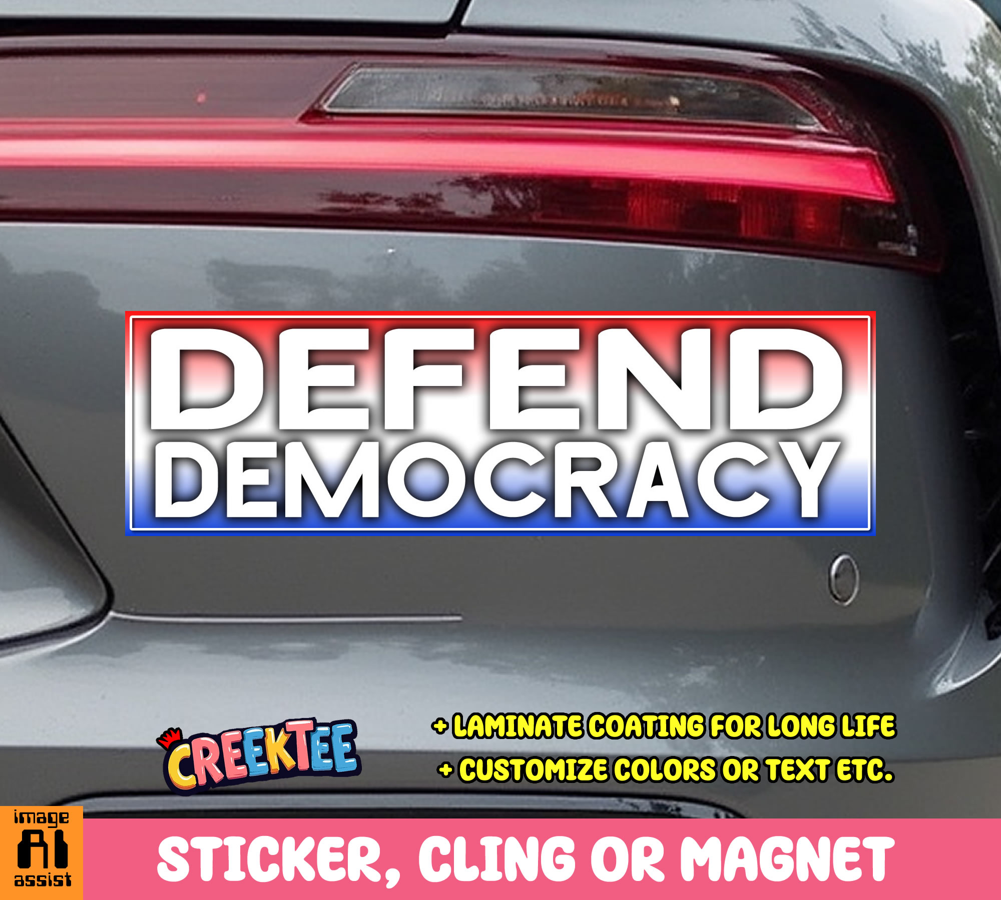 Defend Democracy Vinyl Bumper Sticker  Window Cling or Magnet in UV Laminate Coating and Various Sizes - Custom Bumper Sticker, Vinyl Sticker, or Magnet
