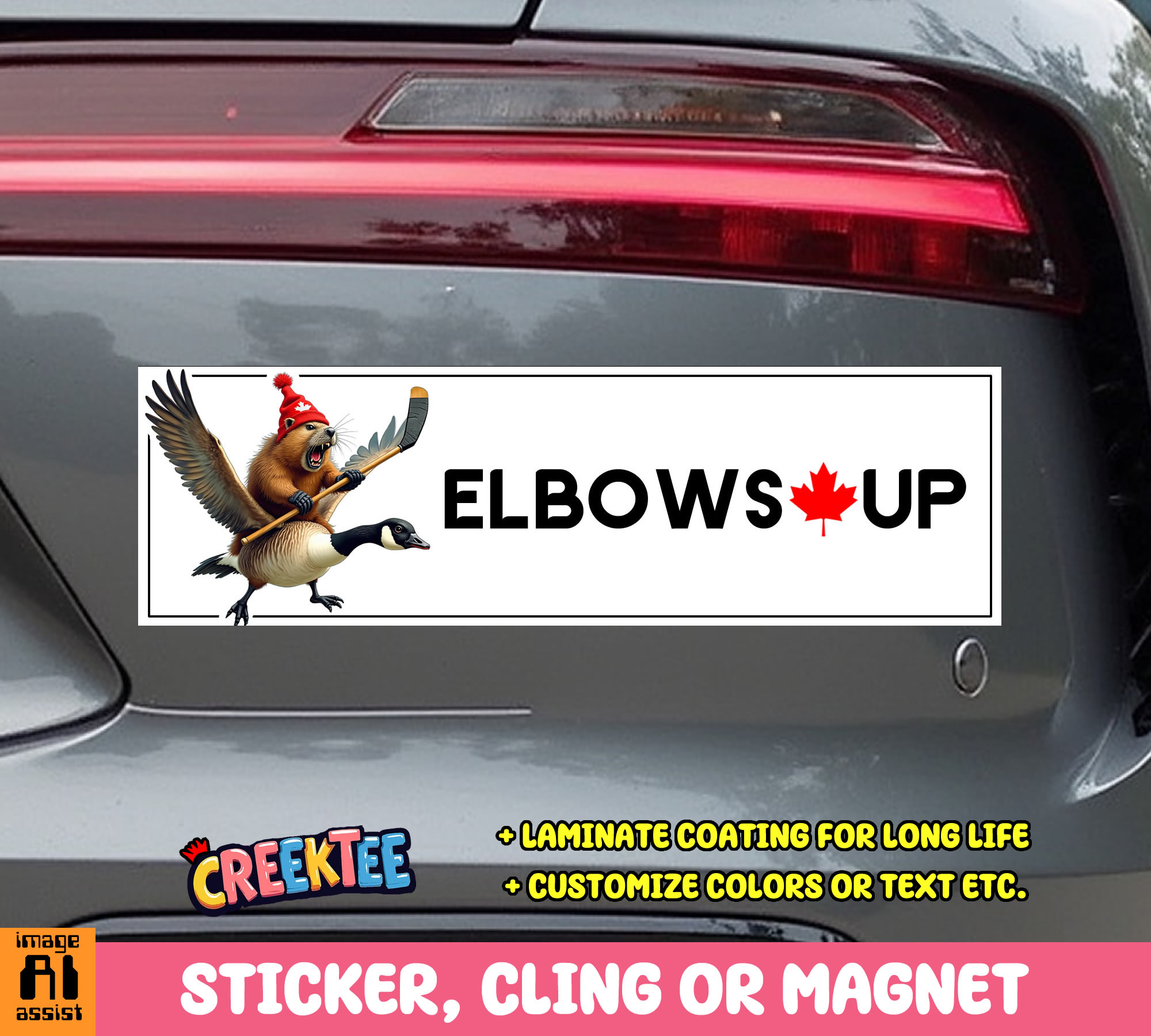 Elbows Up Canada Vinyl Bumper Sticker  Window Cling or Magnet in UV Laminate Coating and Various Sizes - Custom Bumper Sticker, Vinyl Sticker, or Magnet