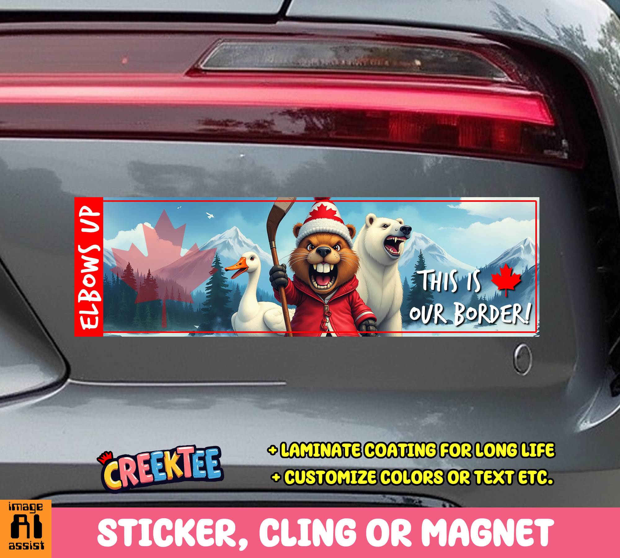 This Is Our Border  Elbows Up Vinyl Bumper Sticker  Window Cling or Magnet in UV Laminate Coating and Various Sizes - Custom Bumper Sticker, Vinyl Sticker, or Magnet