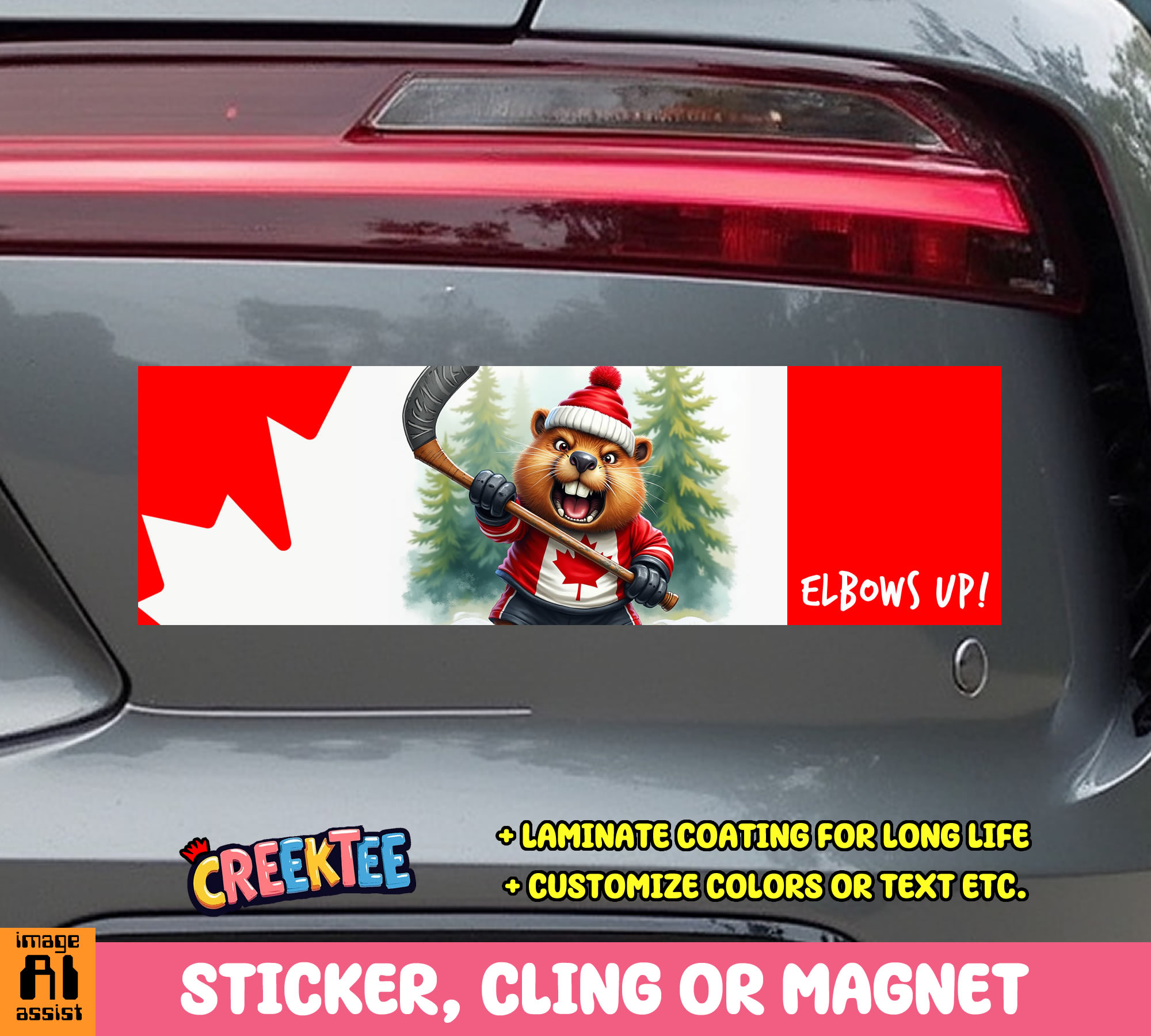 Elbows Up Canada Vinyl Bumper Sticker  Window Cling or Magnet in UV Laminate Coating and Various Sizes - Custom Bumper Sticker, Vinyl Sticker, or Magnet