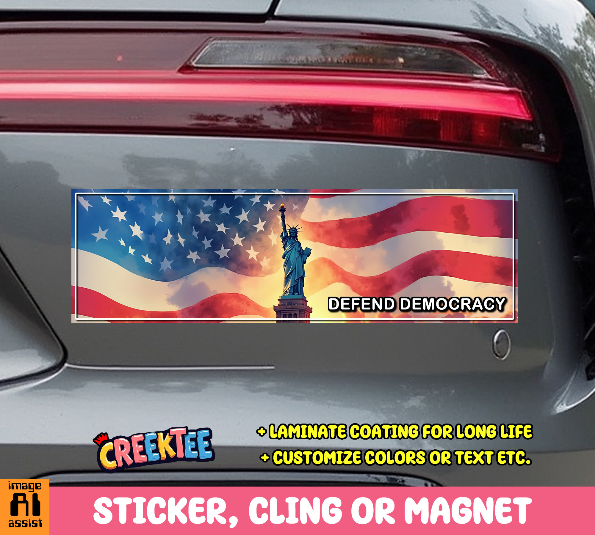 Defend Democracy Vinyl Bumper Sticker  Window Cling or Magnet in UV Laminate Coating and Various Sizes - Custom Bumper Sticker, Vinyl Sticker, or Magnet