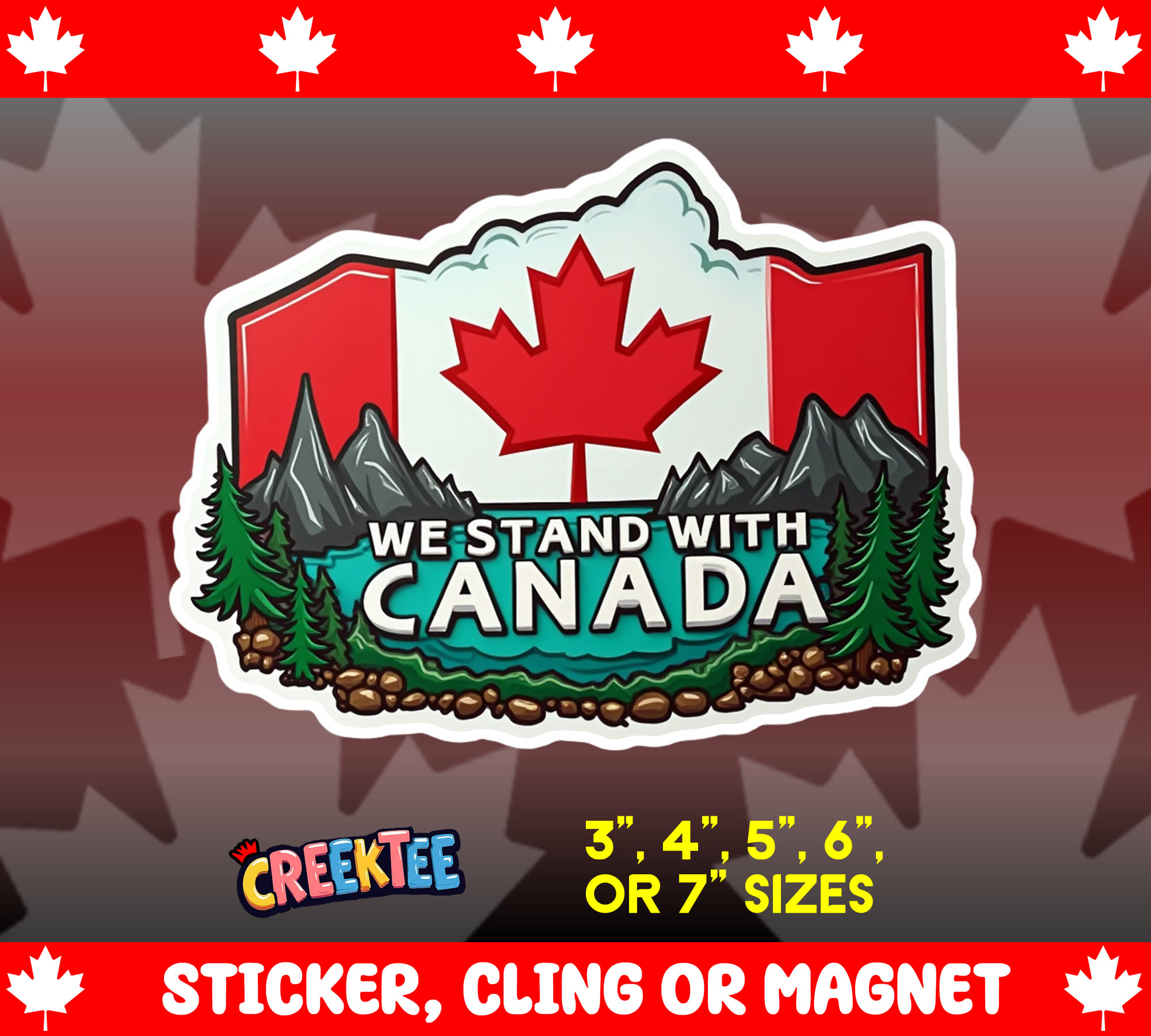 We Stand with Canada Die Cut Vinyl Sticker  Window Cling or Magnet with Laminate Coating in Various Sizes - Custom Bumper Sticker, Vinyl Sticker, or Magnet