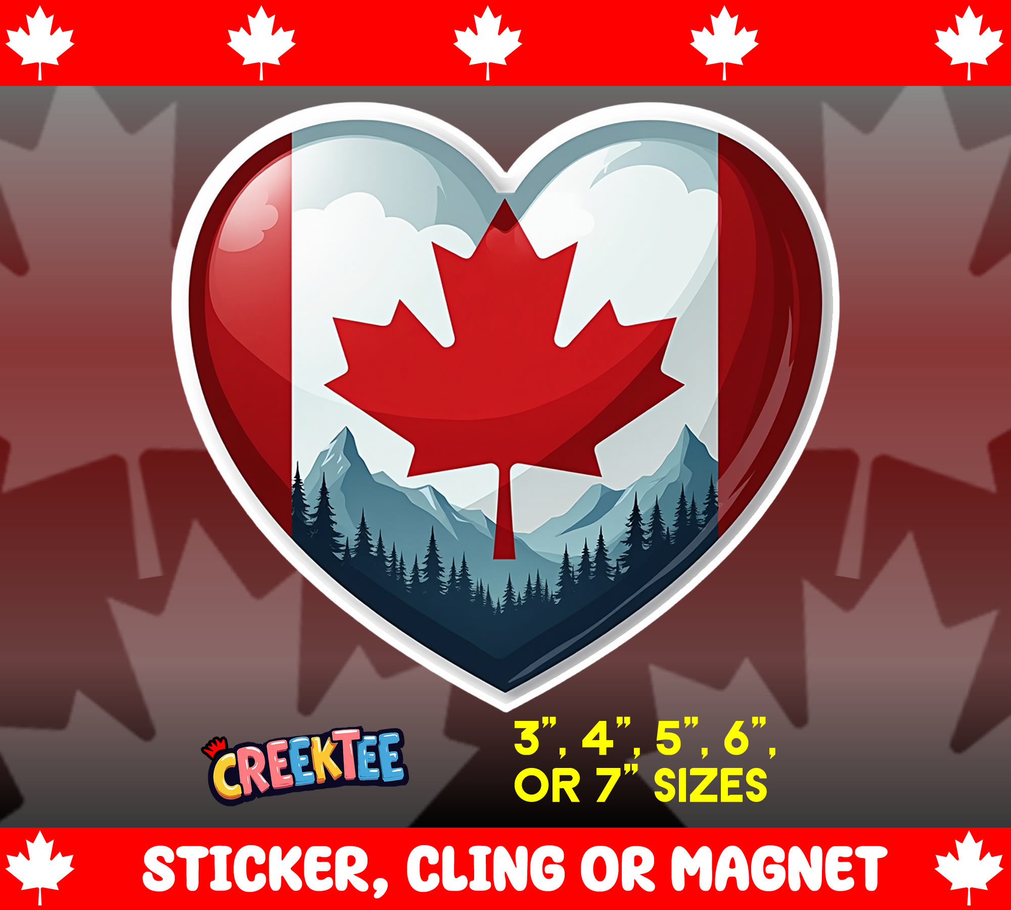 Canada Heart Die Cut Vinyl Sticker  Window Cling or Magnet with Laminate Coating in Various Sizes - Custom Bumper Sticker, Vinyl Sticker, or Magnet