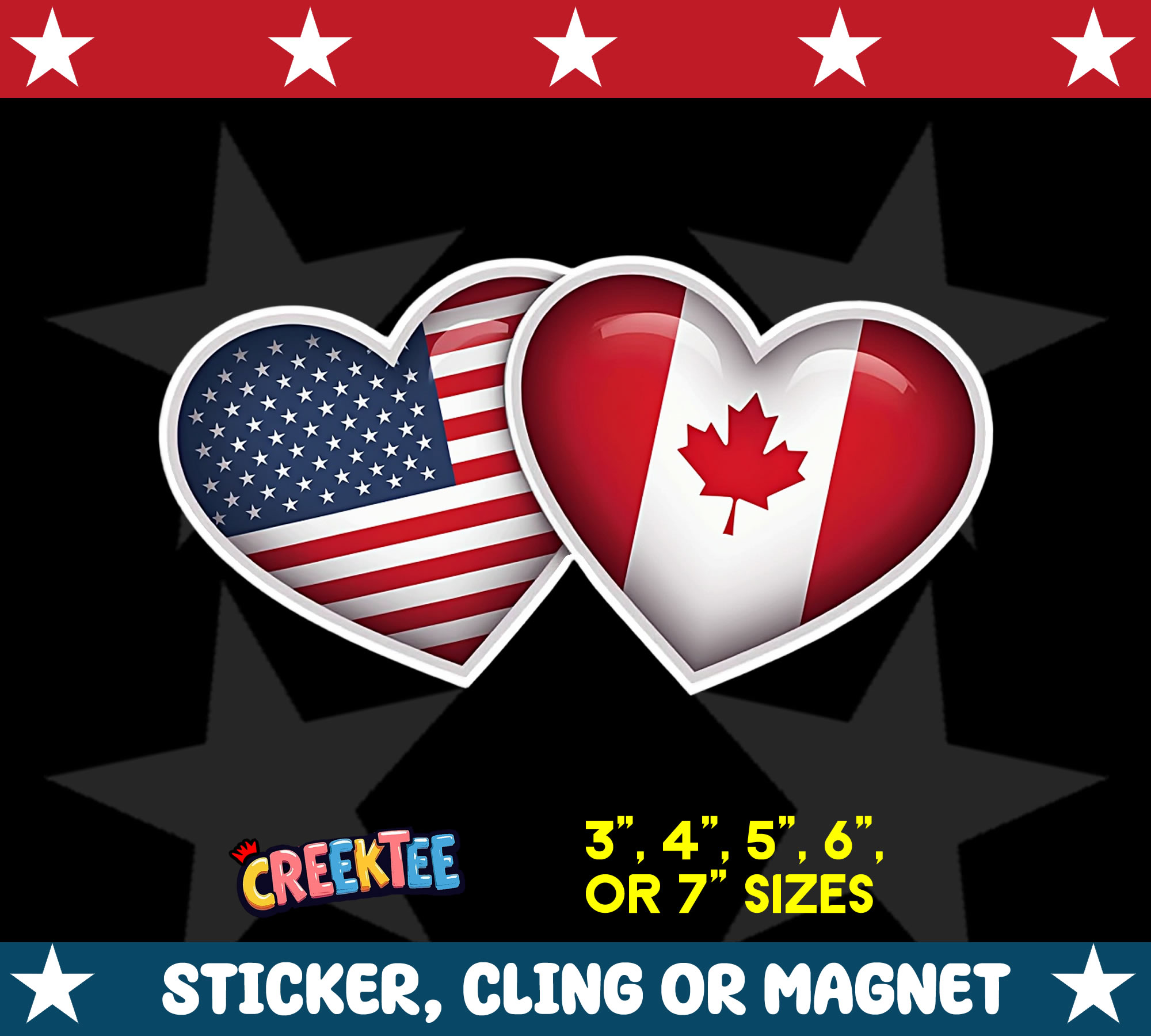 USA and Canada Heart Die Cut Vinyl Sticker  Window Cling or Magnet with Laminate Coating in Various Sizes - Custom Bumper Sticker, Vinyl Sticker, or Magnet