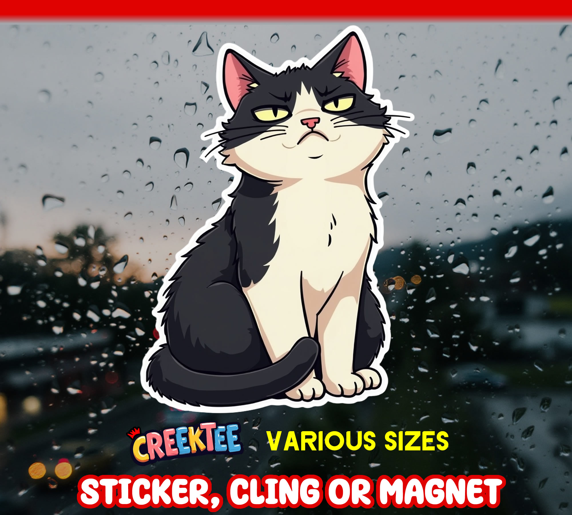 Black and White Cat Die Cut Vinyl Sticker  Window Cling or Magnet with Laminate Coating in Various Sizes - Custom Bumper Sticker, Vinyl Sticker, or Magnet