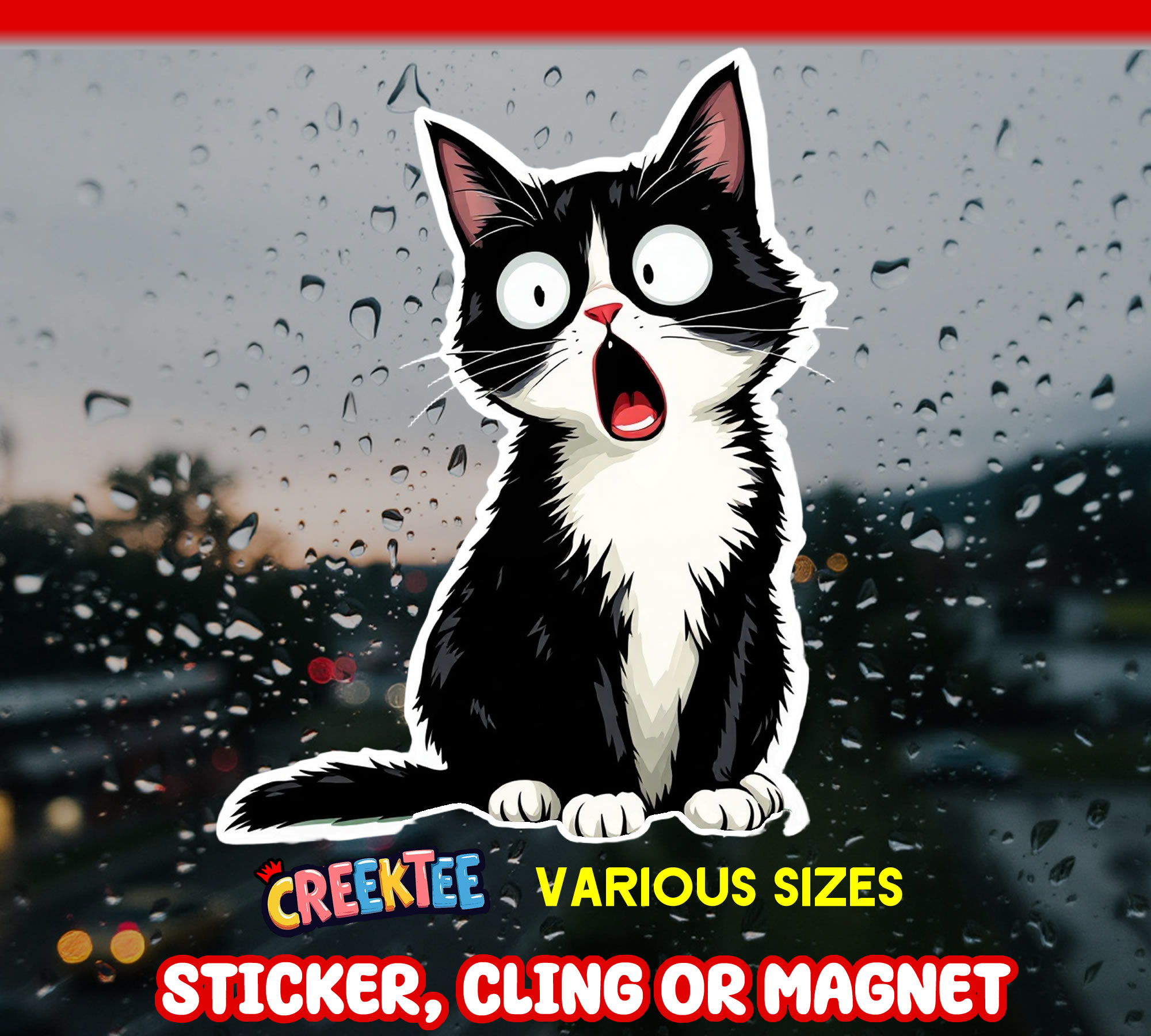 Shocked Black and White Cat Die Cut Vinyl Sticker  Window Cling or Magnet with Laminate Coating in Various Sizes - Custom Bumper Sticker, Vinyl Sticker, or Magnet