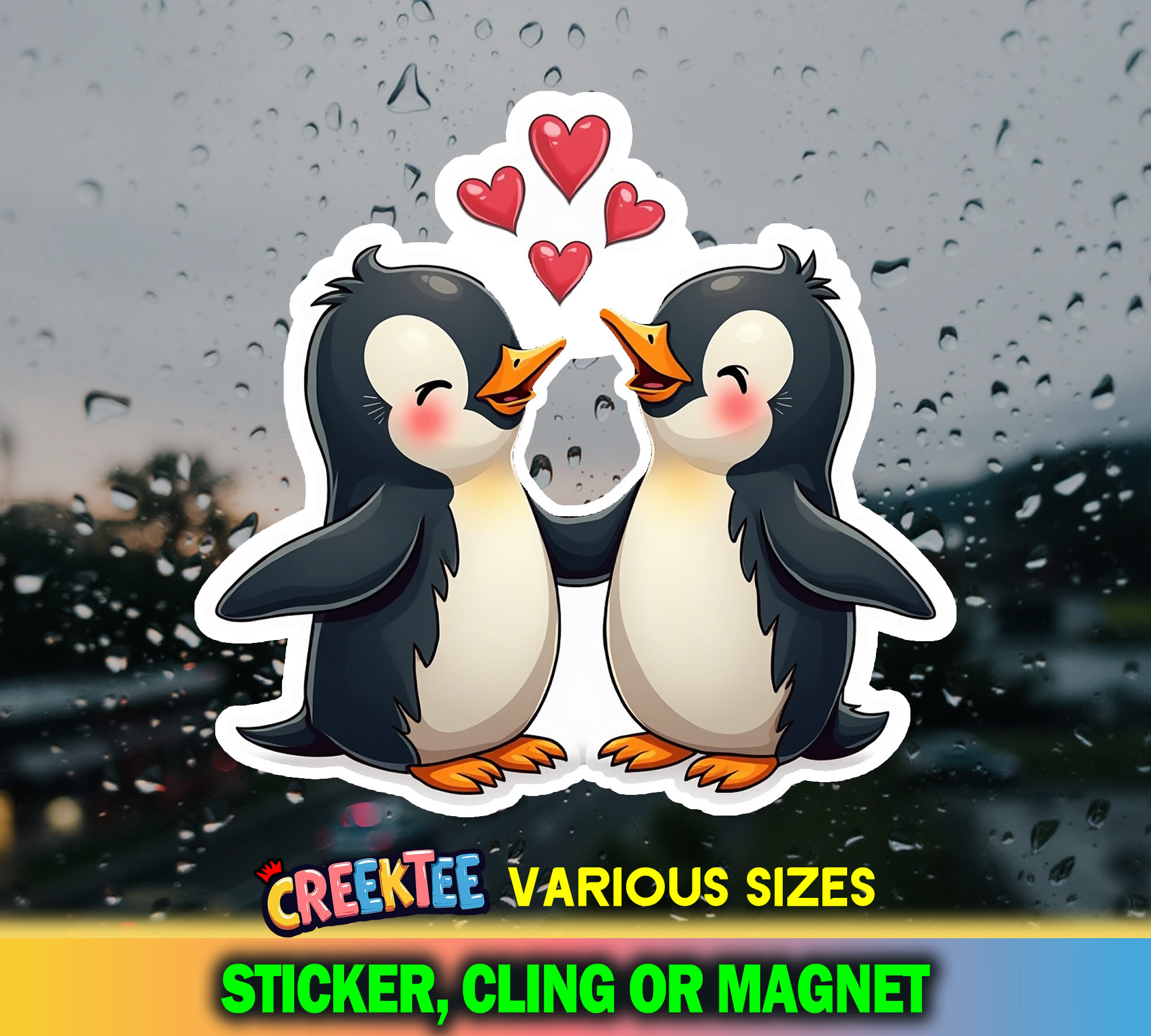 Penguin Love Die Cut Vinyl Sticker  Window Cling or Magnet with Laminate Coating in Various Sizes - Custom Bumper Sticker, Vinyl Sticker, or Magnet