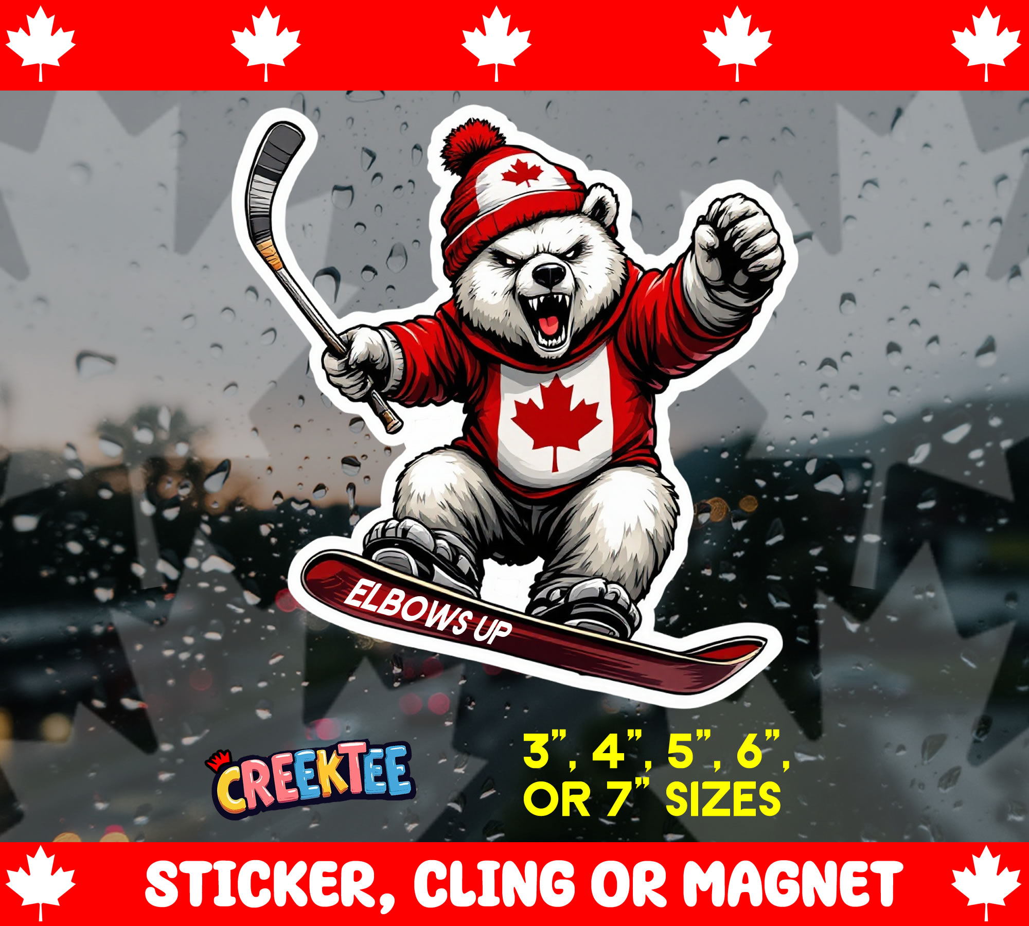 Elbows Up Canada Die Cut Vinyl Sticker  Window Cling or Magnet with Laminate Coating in Various Sizes - Custom Bumper Sticker, Vinyl Sticker, or Magnet