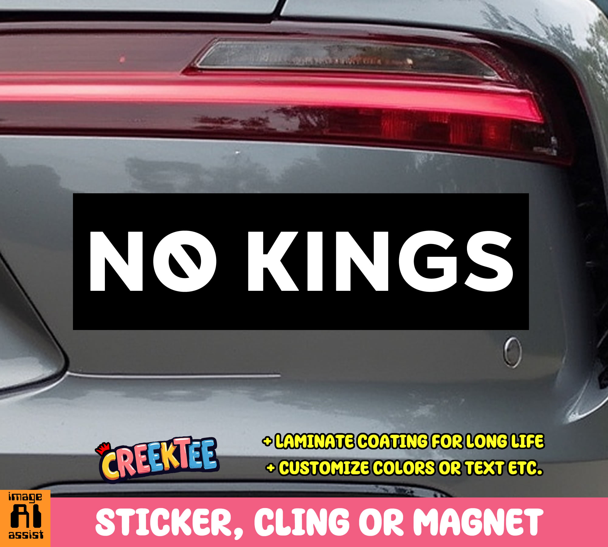 No Kings Vinyl Bumper Sticker  Window Cling or Bumper Sticker Magnet in UV Laminate Coating - Custom Bumper Sticker, Vinyl Sticker, or Magnet