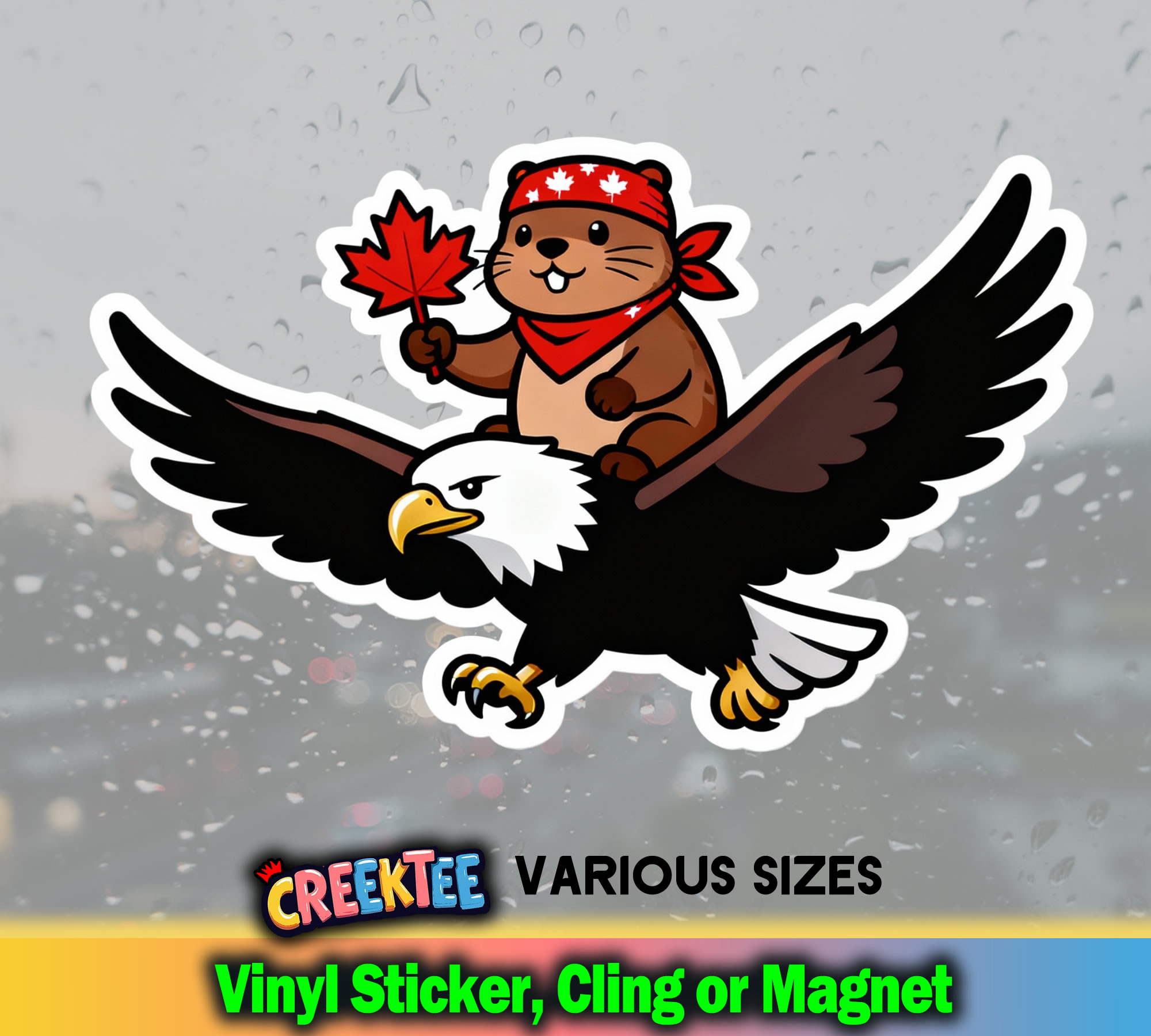 Canadian Beaver riding Bald Eagle Die Cut Vinyl Sticker  Window Cling or Magnet with Laminate Coating in Various Sizes - Custom Bumper Sticker, Vinyl Sticker, or Magnet