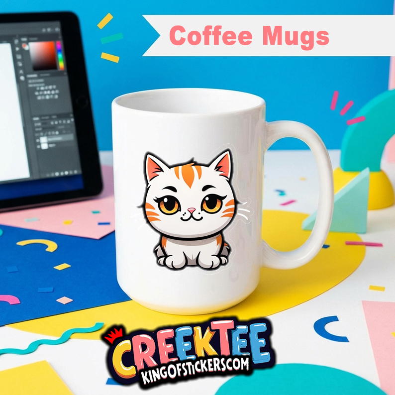 Cute Cat Coffee Mug  - Custom Bumper Sticker, Vinyl Sticker, or Magnet