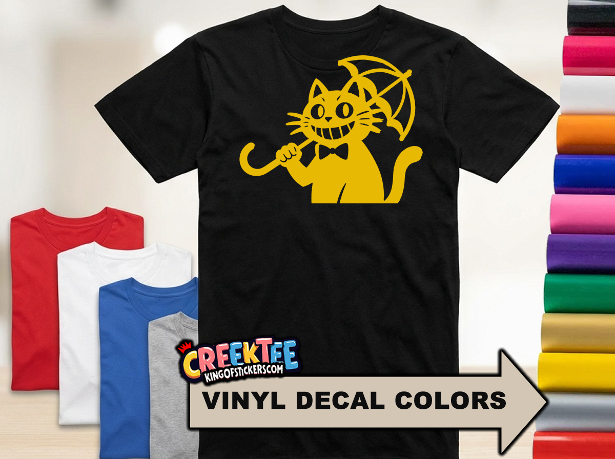 Top Cat with Umbrella Fun HTV Vinyl Print Tees  Assorted Colors and Sizes  - Custom Bumper Sticker, Vinyl Sticker, or Magnet