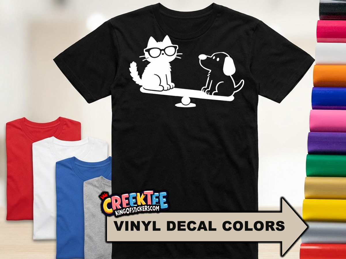 Cat and Dog Playing  Fun HTV Vinyl Print Tees  Assorted Colors and Sizes  - Custom Bumper Sticker, Vinyl Sticker, or Magnet