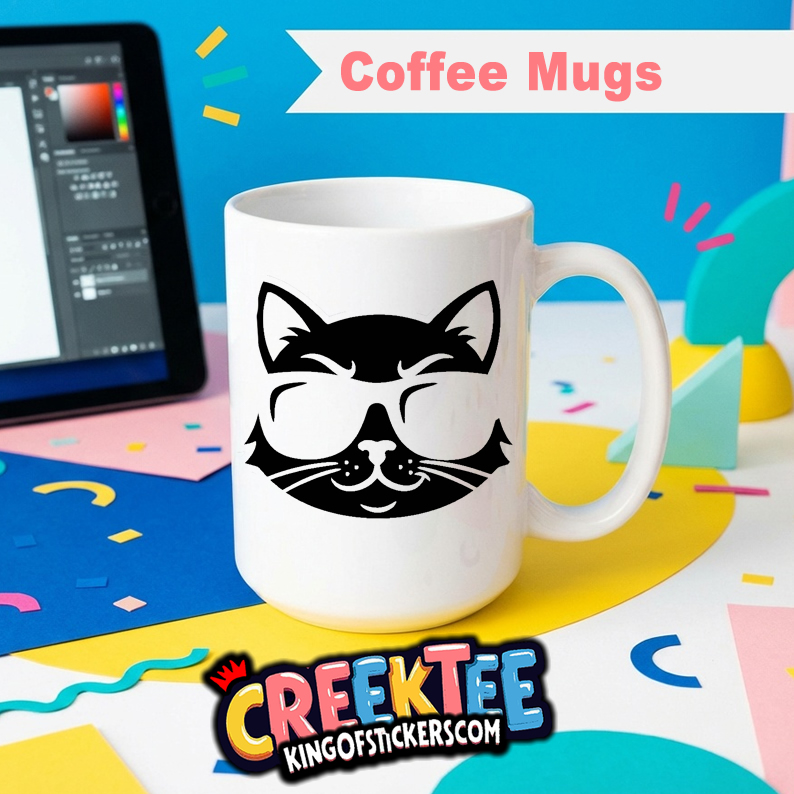 Cool Cat Coffee Mug In Your Custom Print Color - Custom Bumper Sticker, Vinyl Sticker, or Magnet