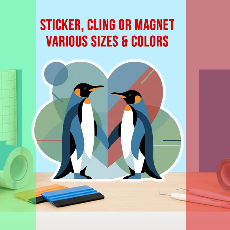 Penguins In Love Vinyl Bumper Sticker  Window Cling or Magnet in UV Laminate Coating and Various Sizes