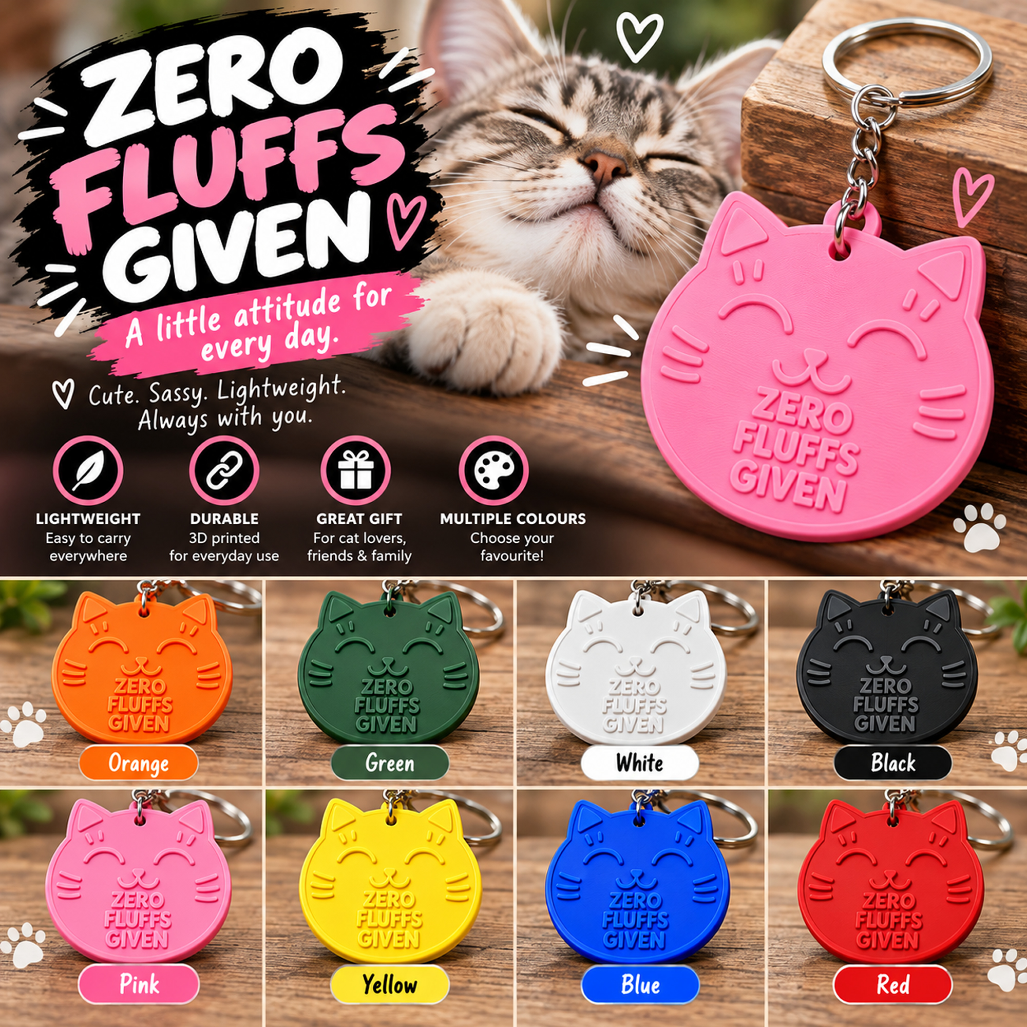Zero Fluffs Given – Lightweight Cat Face Keychain