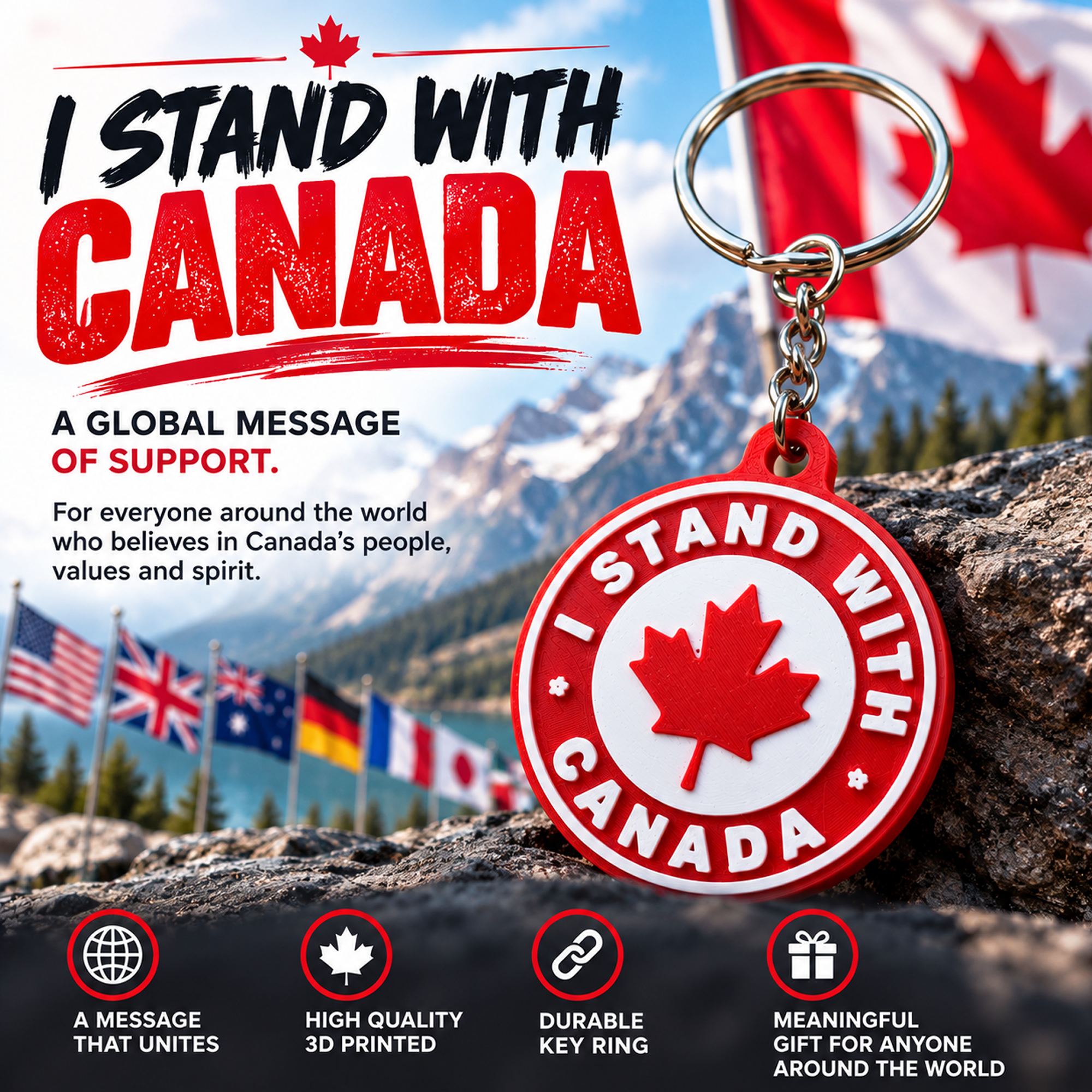 I Stand With Canada Keychain , Canadian Pride Maple Leaf Key Ring | 3D Printed Patriotic Gift | Proud Canadian Accessory