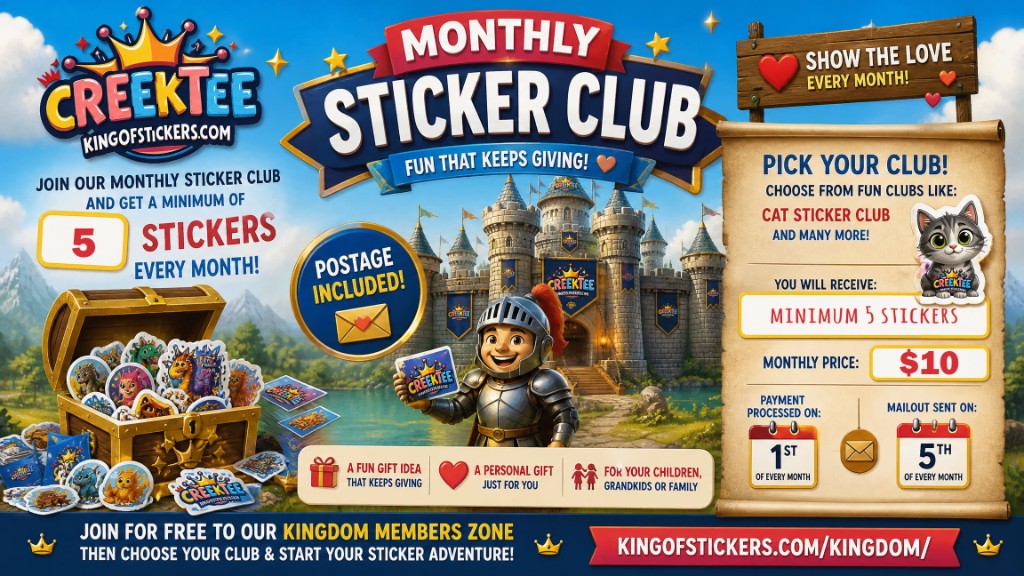 Join our Monthly Sticker Club — minimum 5 stickers every month, $10 CAD, postage included. Join free at Kingdom Members Zone at kingofstickers.com/kingdom/